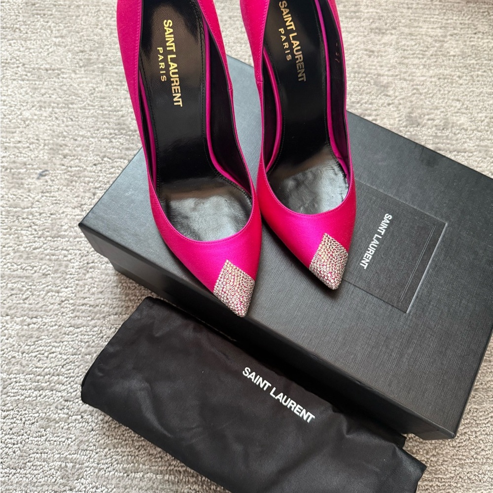 Saint Laurent Hot Pink Satin Pointed Toe Crystal Cap Pumps